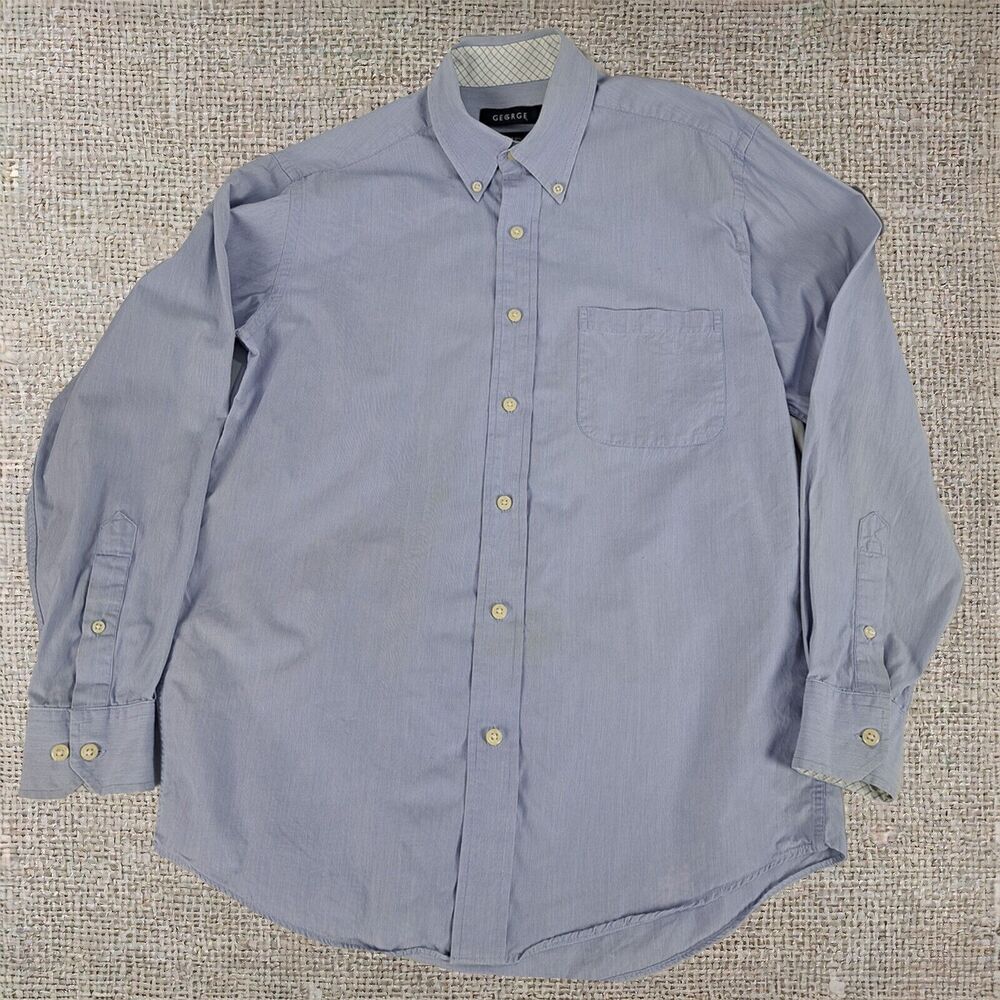 George Blue Striped Cotton Blend Dress Shirt Classic Fit Small 15in Neck Long